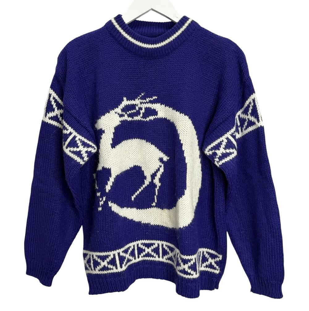 Vintage Knit Works Blue White Sweater Size M Reindeer Ugly Retro